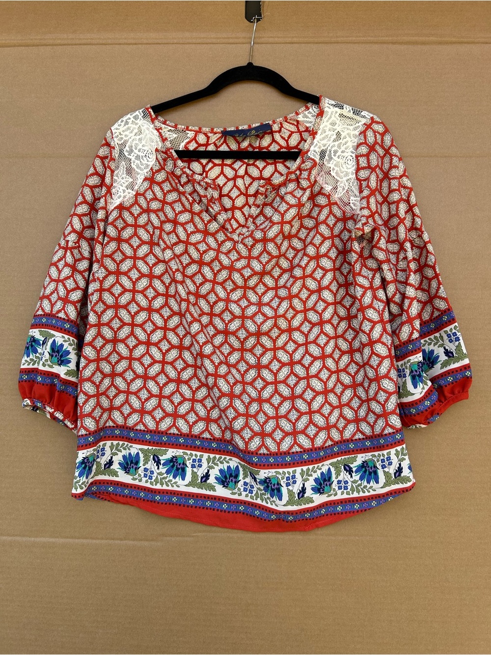 Blue Rain Floral Cottagecore Blouse Boho Lace Shoulder Made in USA Gypsy Small
